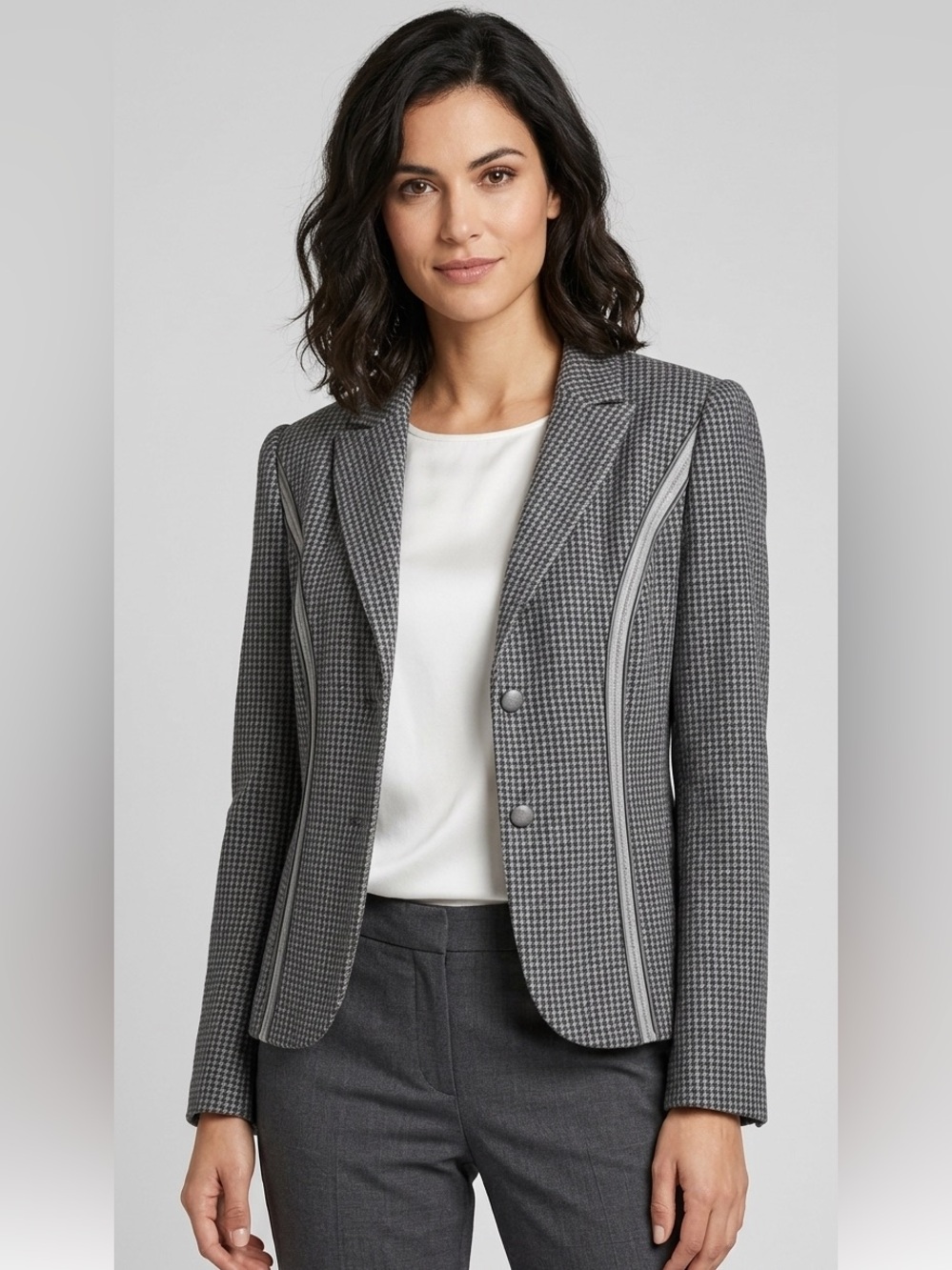 MARC CAIN | 100% Virgin Wool Houndstooth Zip Trim Blazer